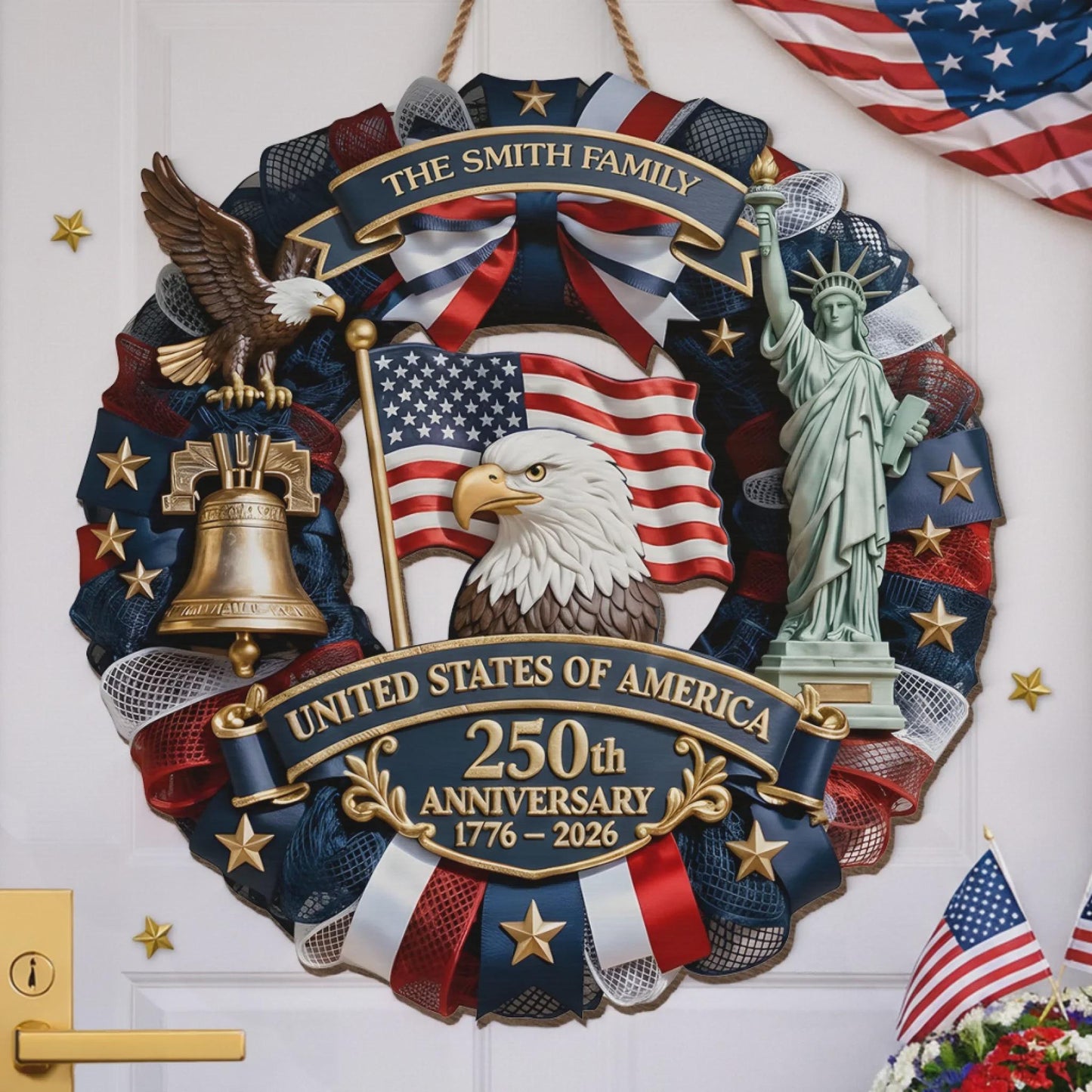 Personalized America 250th Anniversary Wood Wreath 1776-2026 Patriotic Door Sign Semiquincentennial Family Name Decor