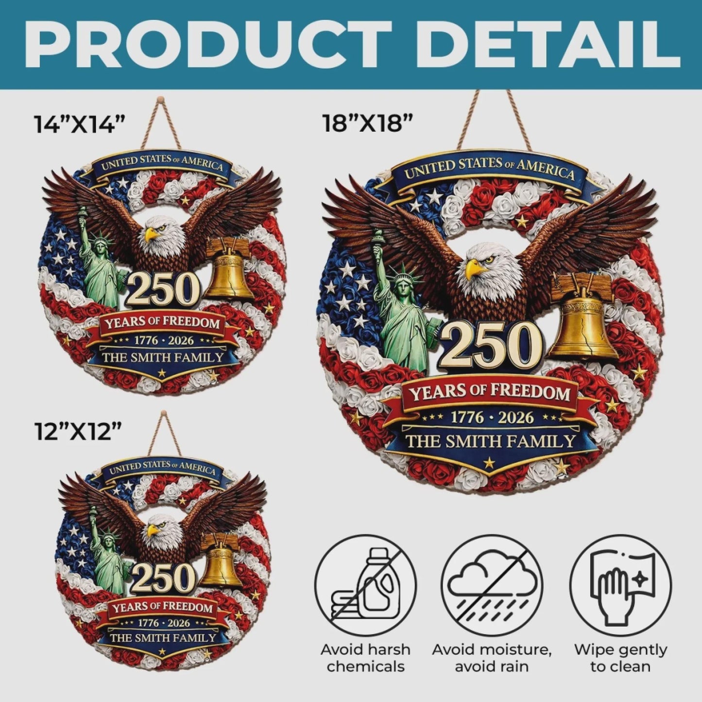 Custom Wood Sign Personalized Family Name – America 250th Anniversary 1776-2026 Proud Hearts Rise Together Patriotic Decor