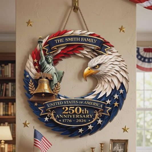 Custom Wood Sign Personalized Family Name – America 250th Anniversary 1776-2026 Patriotic Bald Eagle Decor Gift