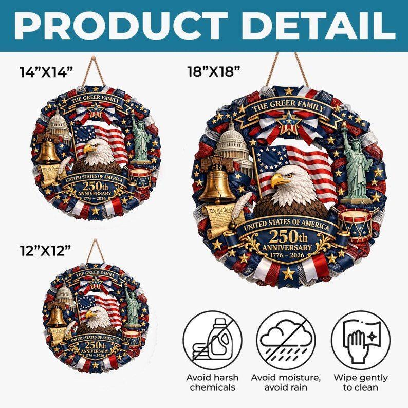 Patriotic Wreath USA 250th Anniversary 1776-2026, American Eagle Door Hanger, Semiquincentennial Decor, Custom Family Front Door Decor