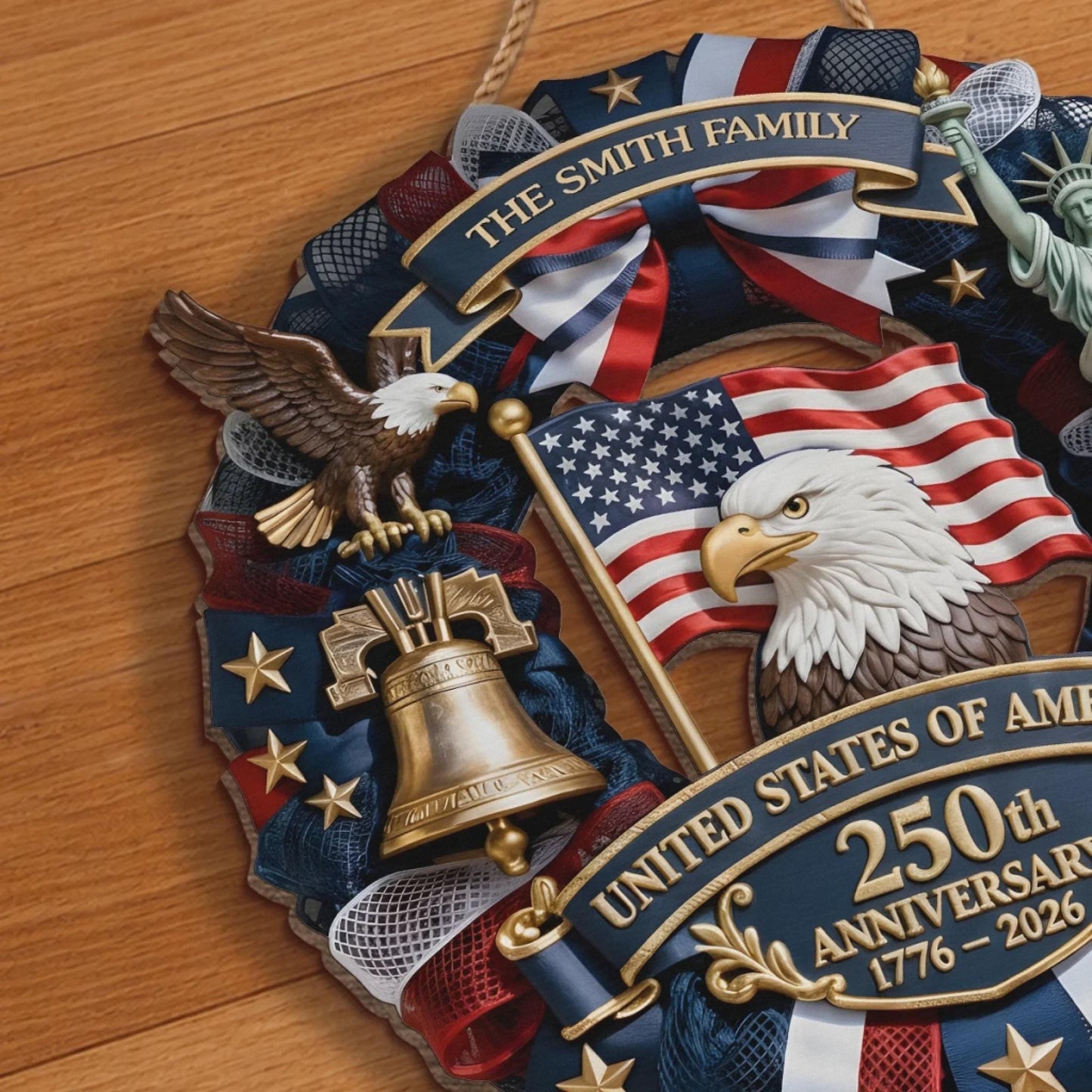 Personalized America 250th Anniversary Wood Wreath 1776-2026 Patriotic Door Sign Semiquincentennial Family Name Decor