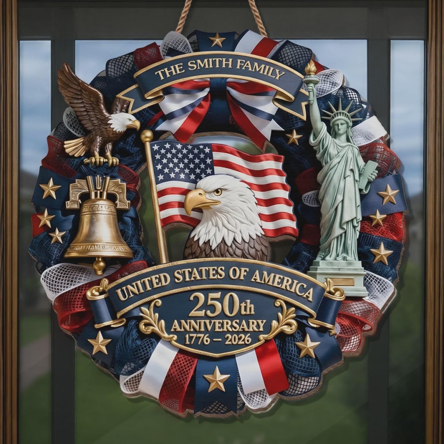 Personalized America 250th Anniversary Wood Wreath 1776-2026 Patriotic Door Sign Semiquincentennial Family Name Decor