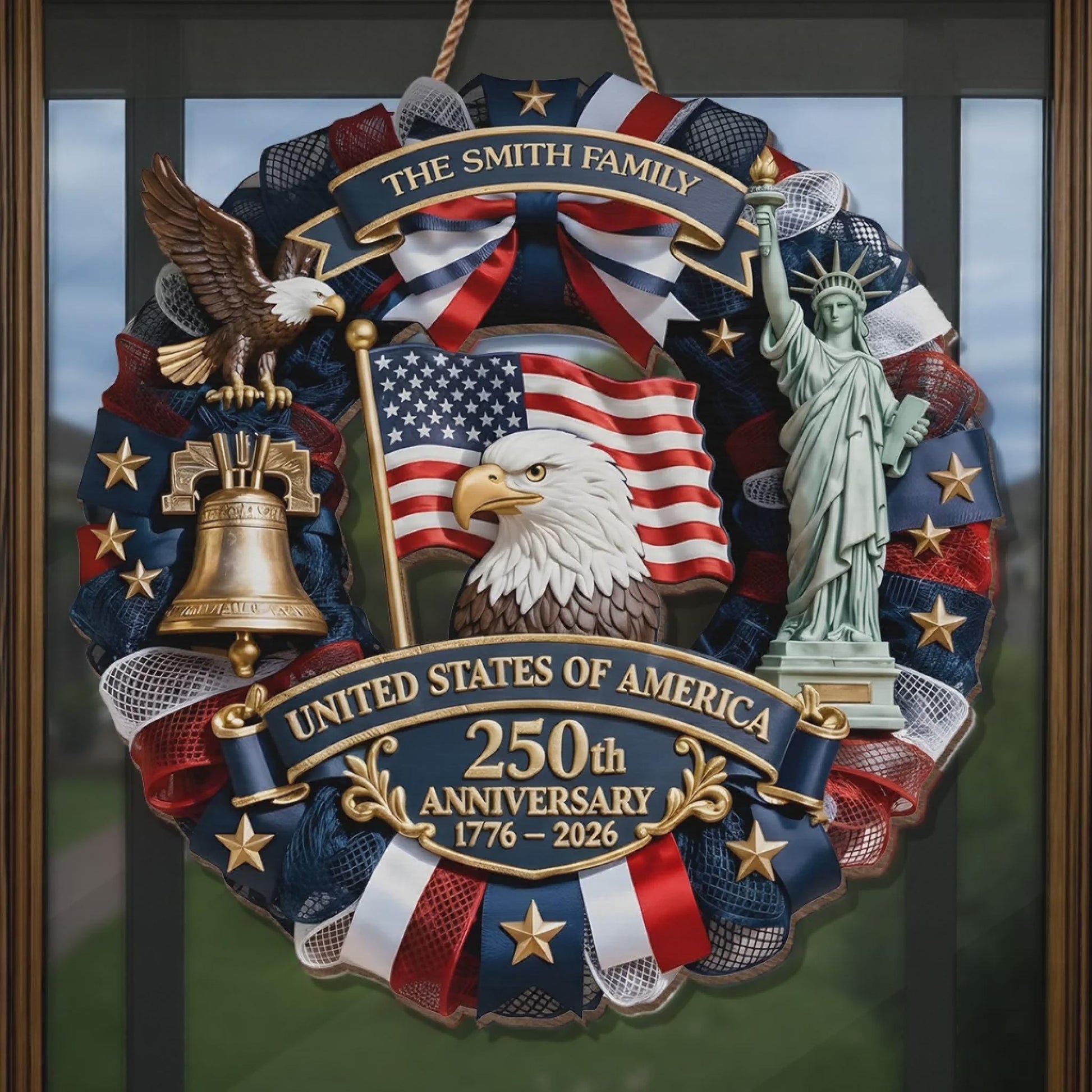 Personalized America 250th Anniversary Wood Wreath 1776-2026 Patriotic Door Sign Semiquincentennial Family Name Decor