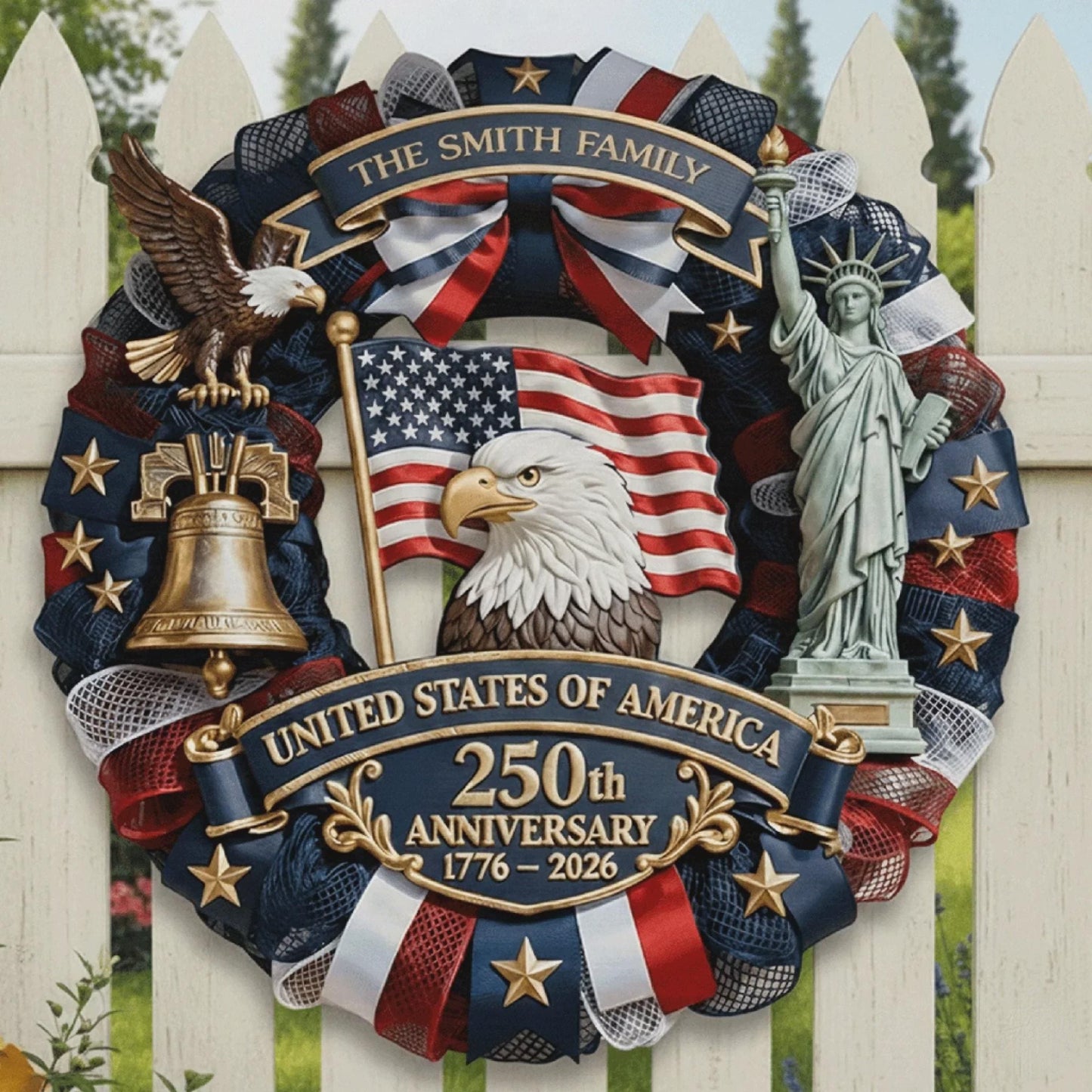 Personalized America 250th Anniversary Wood Wreath 1776-2026 Patriotic Door Sign Semiquincentennial Family Name Decor
