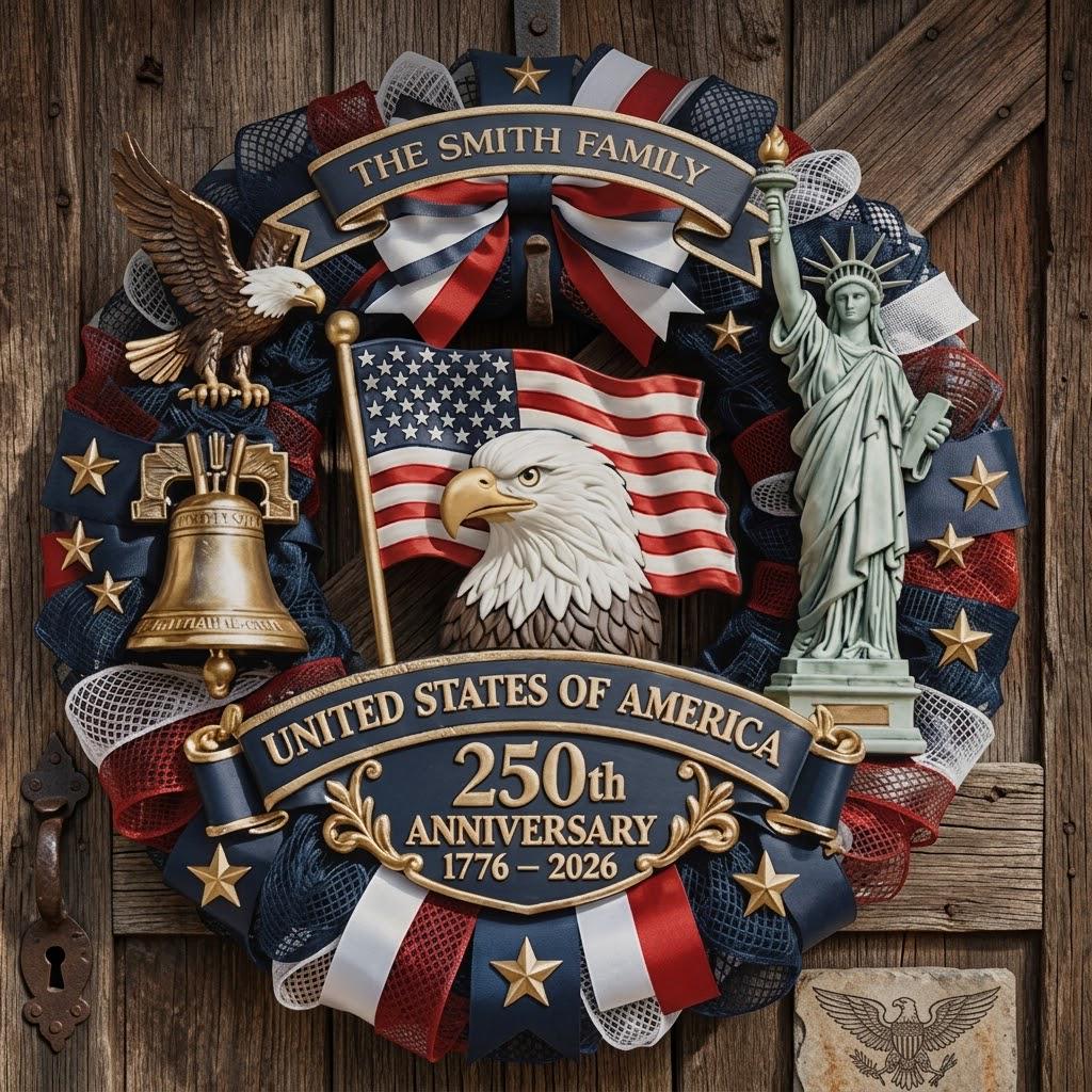 Personalized USA 250th Anniversary Wreath 1776–2026, Patriotic Door Sign, Custom Family Name Eagle Liberty Decor