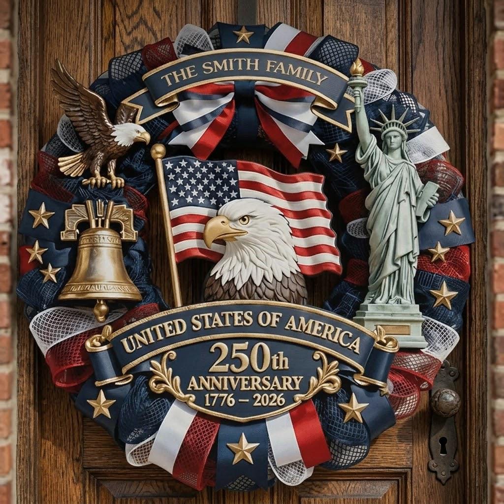 Personalized USA 250th Anniversary Wreath 1776–2026, Patriotic Door Sign, Custom Family Name Eagle Liberty Decor