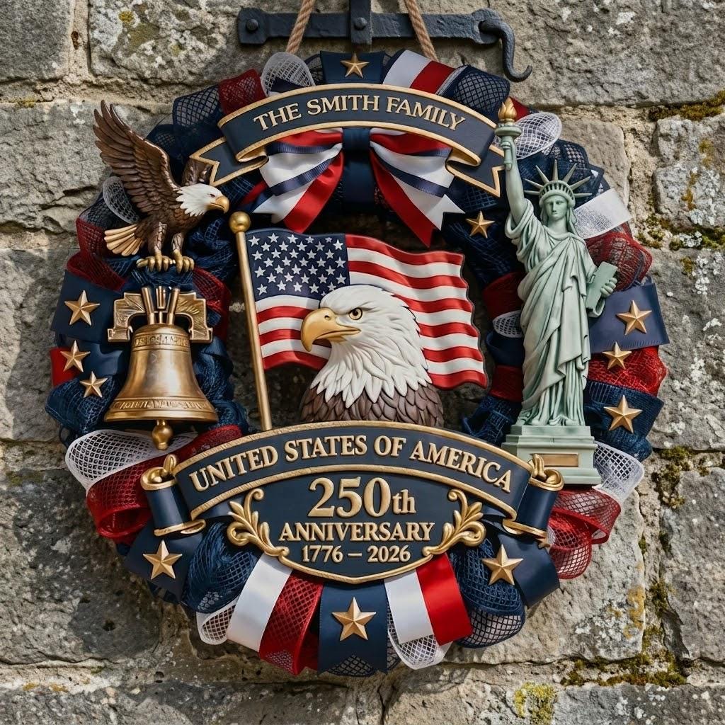 Personalized USA 250th Anniversary Wreath 1776–2026, Patriotic Door Sign, Custom Family Name Eagle Liberty Decor