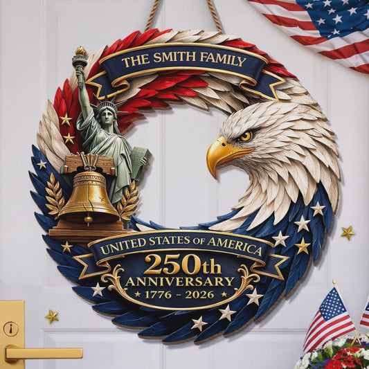 Custom Wood Sign Personalized Family Name – America 250th Anniversary 1776-2026 Patriotic Bald Eagle Decor Gift