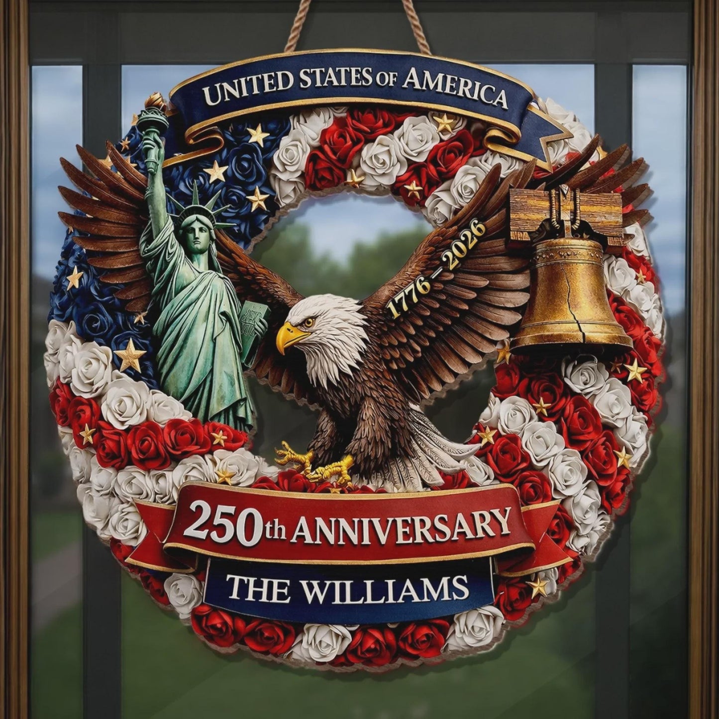 Custom Wood Sign Personalized Family Name – America 250th Anniversary 1776-2026 Proud Of Our Shared Story Patriotic Decor