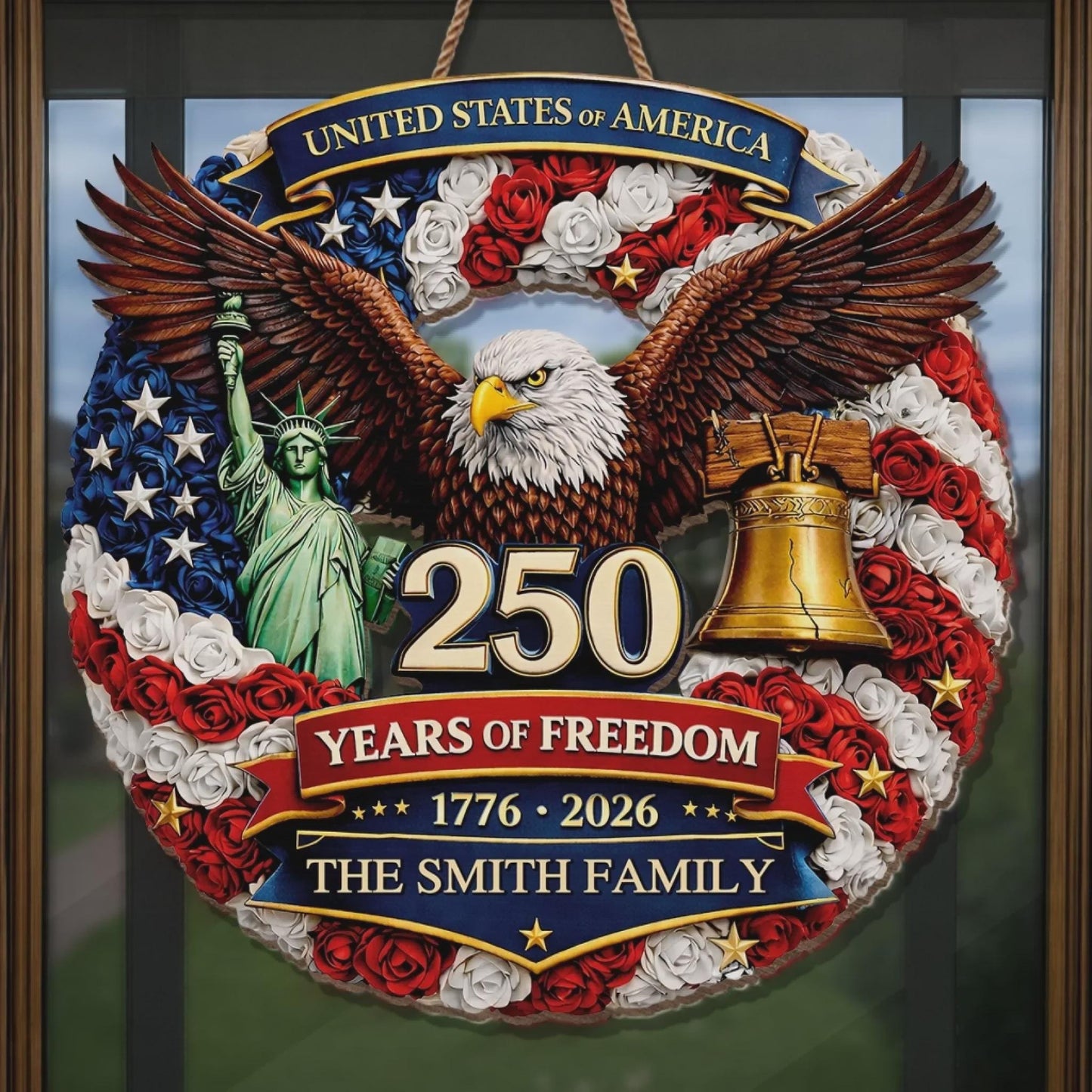 Custom Wood Sign Personalized Family Name – America 250th Anniversary 1776-2026 Proud Hearts Rise Together Patriotic Decor