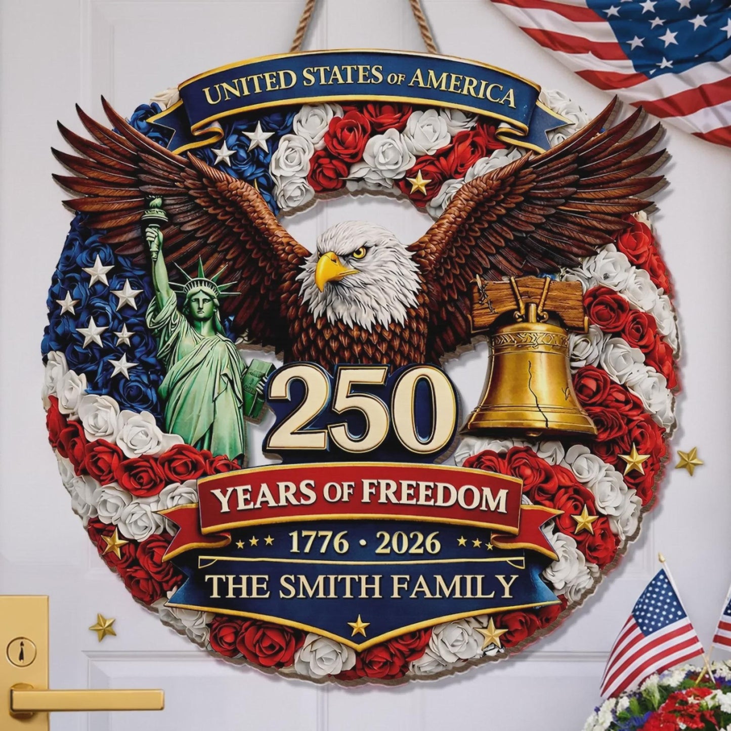Custom Wood Sign Personalized Family Name – America 250th Anniversary 1776-2026 Proud Hearts Rise Together Patriotic Decor