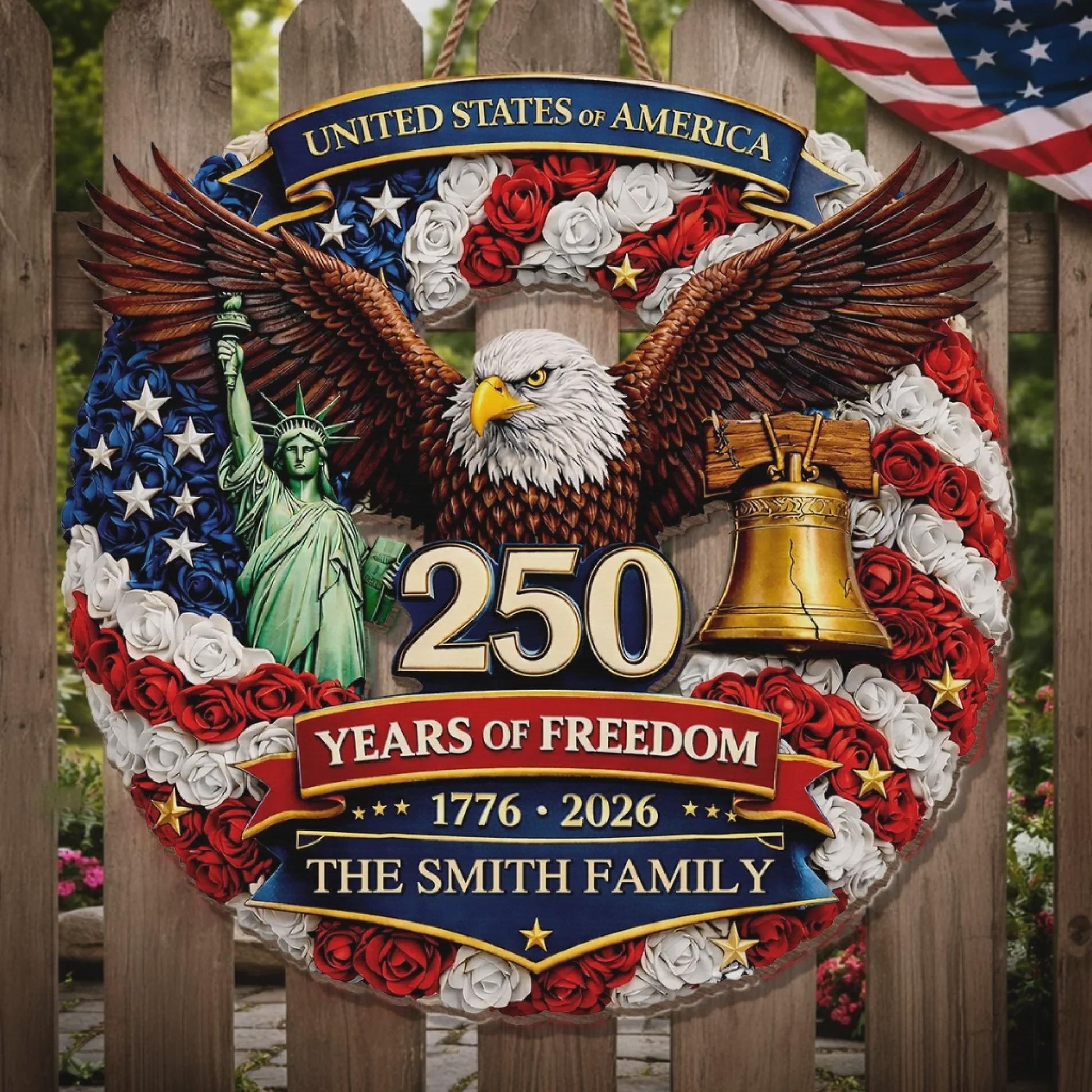 Custom Wood Sign Personalized Family Name – America 250th Anniversary 1776-2026 Proud Hearts Rise Together Patriotic Decor