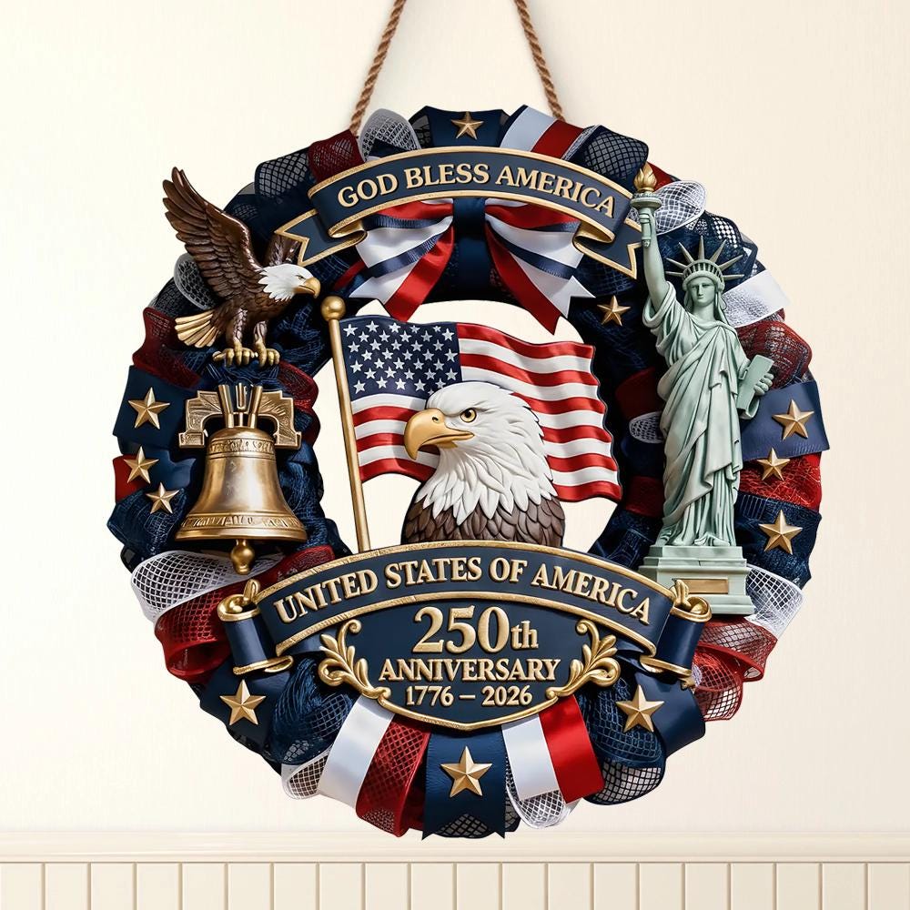 Personalized America 250th Anniversary Wreath 1776-2026 Patriotic Door Sign Custom Family Name USA Decor 4th of July Gift