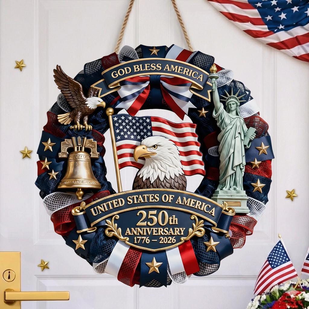 Personalized America 250th Anniversary Wreath 1776-2026 Patriotic Door Sign Custom Family Name USA Decor 4th of July Gift