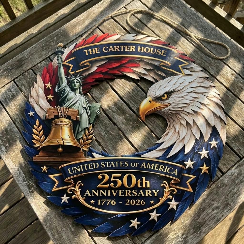 Personalized America 250th Anniversary Wreath 1776-2026 Patriotic Door Sign Custom Family Name Eagle Decor 4th of July Gift