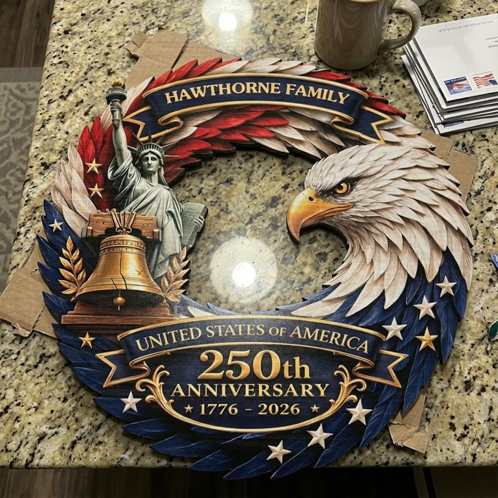 Personalized America 250th Anniversary Wreath 1776-2026 Patriotic Door Sign Custom Family Name Eagle Decor 4th of July Gift
