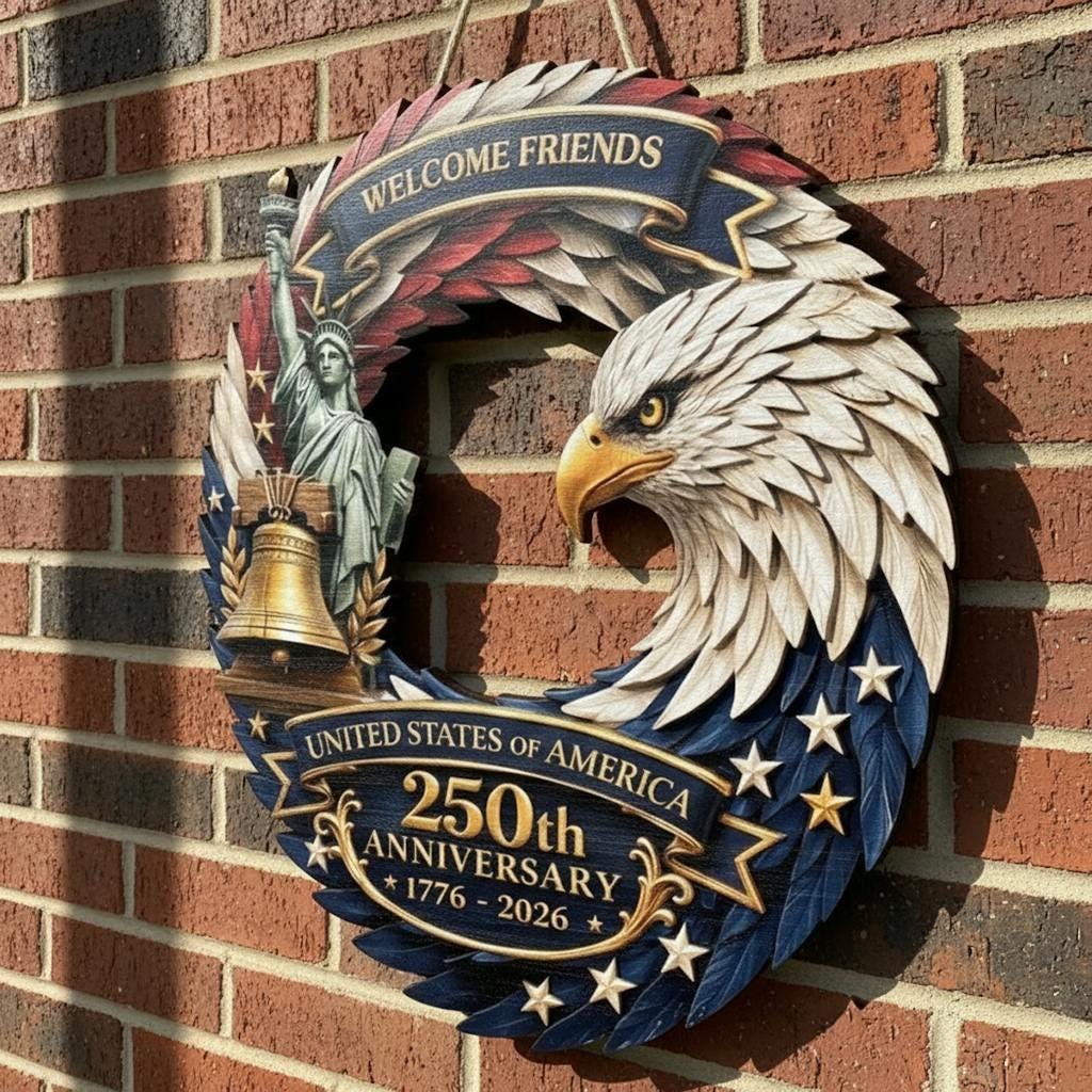 Personalized America 250th Anniversary Wreath 1776-2026 Patriotic Door Sign Custom Family Name Eagle Decor 4th of July Gift