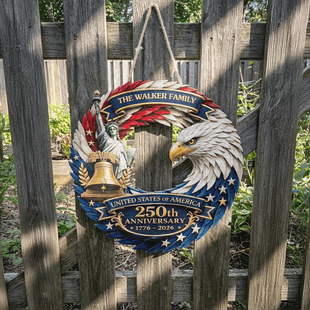 Personalized America 250th Anniversary Wreath 1776-2026 Patriotic Door Sign Custom Family Name Eagle Decor 4th of July Gift
