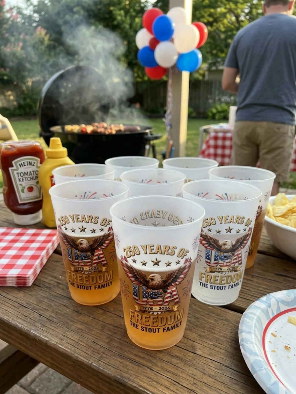 Custom 250th Anniversary Plastic Cups, Personalized 4th of July Party Cups, USA Freedom Family Name Cups, Independence Day Party Decor