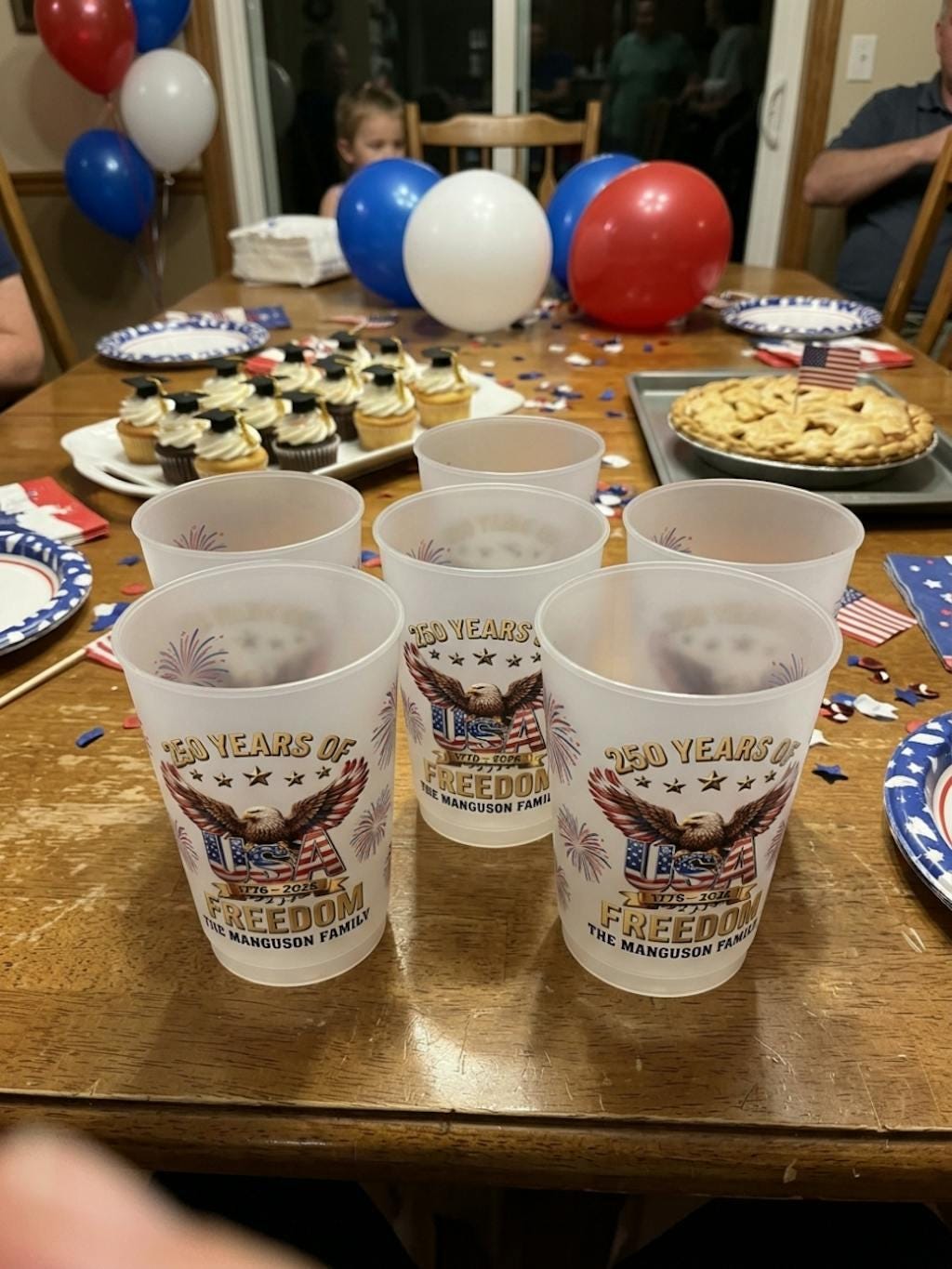 Custom 250th Anniversary Plastic Cups, Personalized 4th of July Party Cups, USA Freedom Family Name Cups, Independence Day Party Decor
