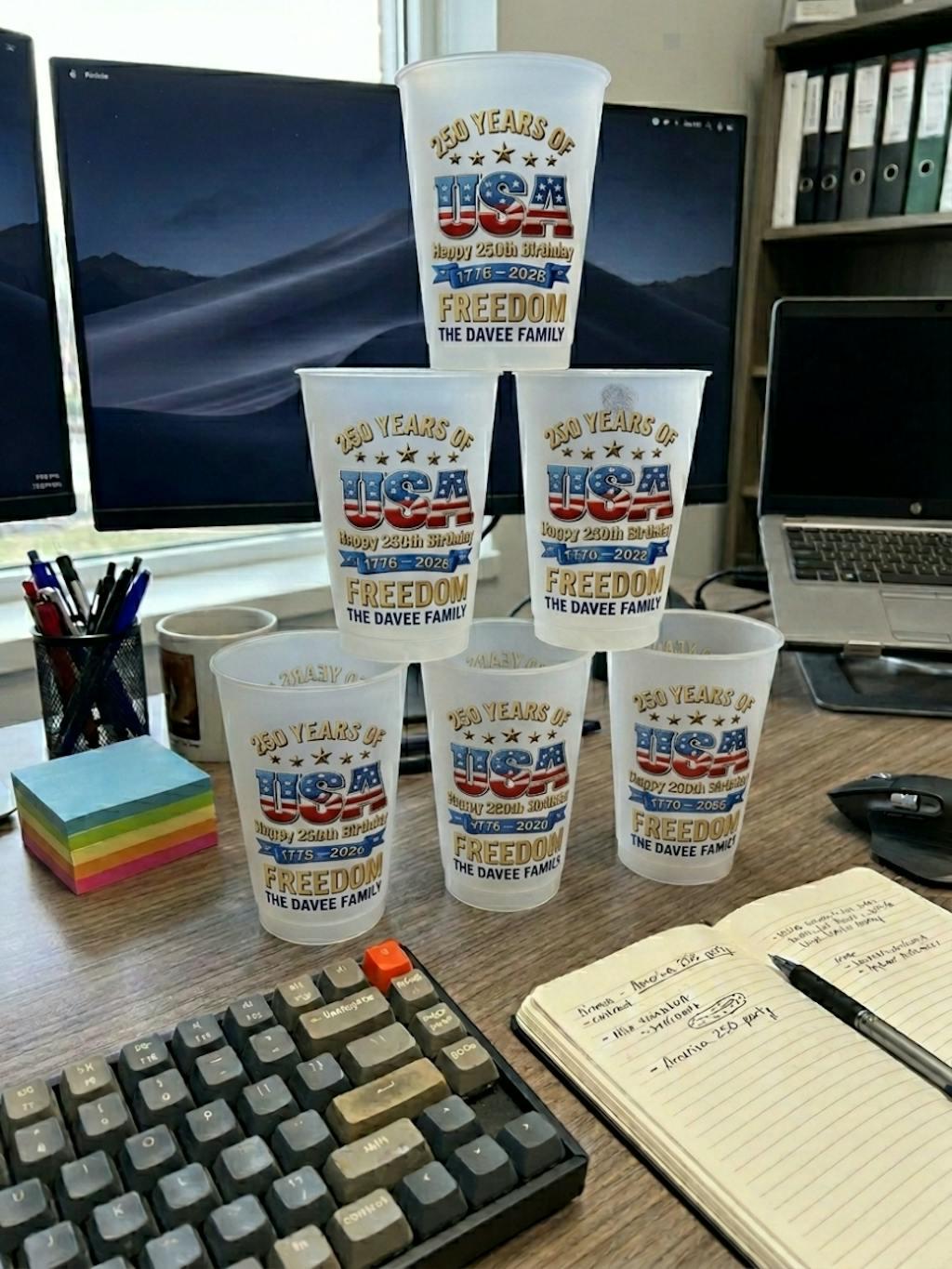 Custom 250th Anniversary Plastic Cups, Personalized 4th of July Party Cups, USA Freedom Family Name Cups, Independence Day Party Decor