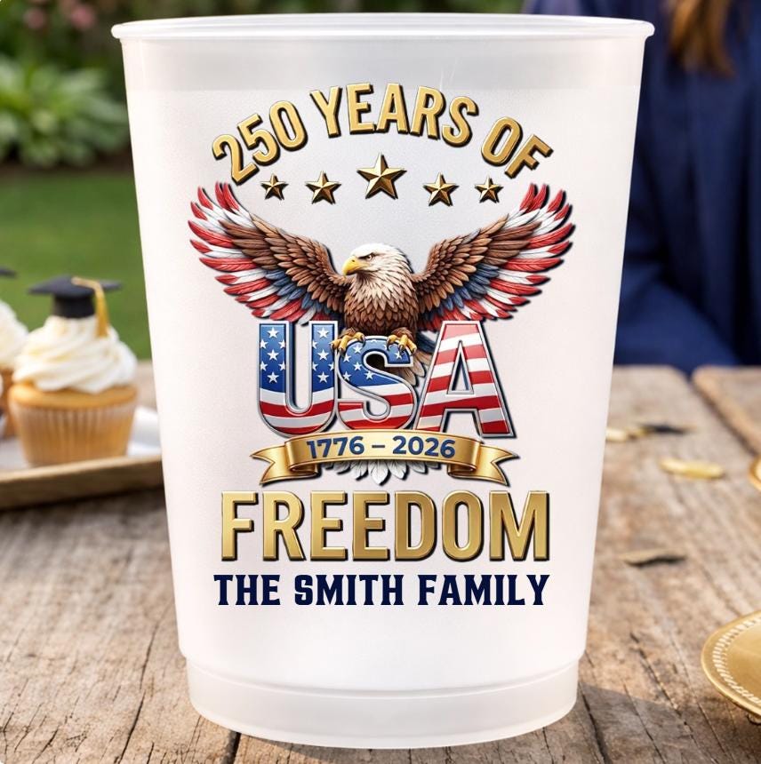 Custom 250th Anniversary Plastic Cups, Personalized 4th of July Party Cups, USA Freedom Family Name Cups, Independence Day Party Decor