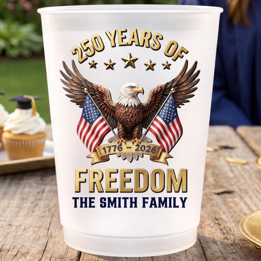Custom 250th Anniversary Plastic Cups, Personalized 4th of July Party Cups, USA Freedom Family Name Cups, Independence Day Party Decor