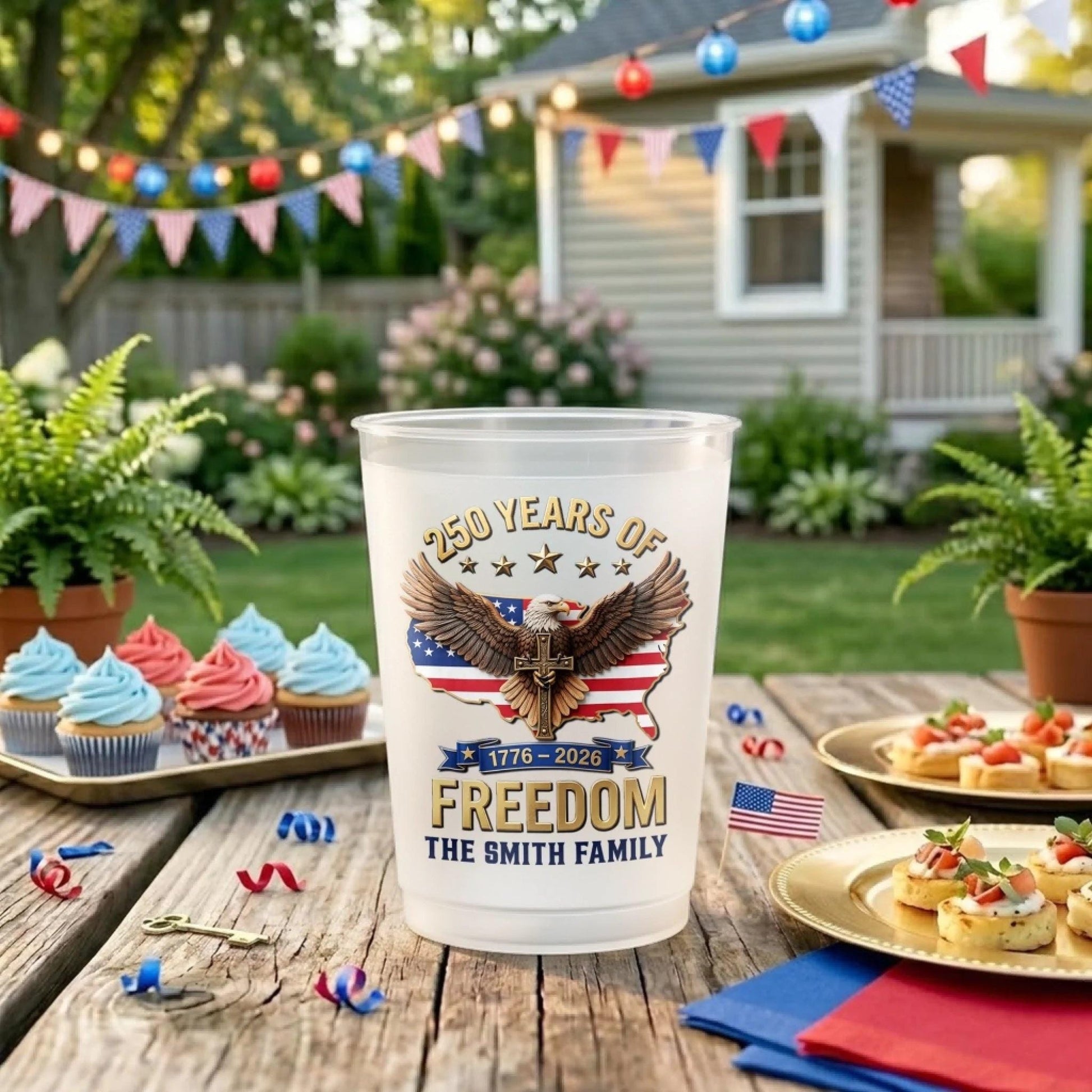 Custom 250th Anniversary Plastic Cups, Personalized 4th of July Party Cups, USA Freedom Family Name Cups, Independence Day Party Decor