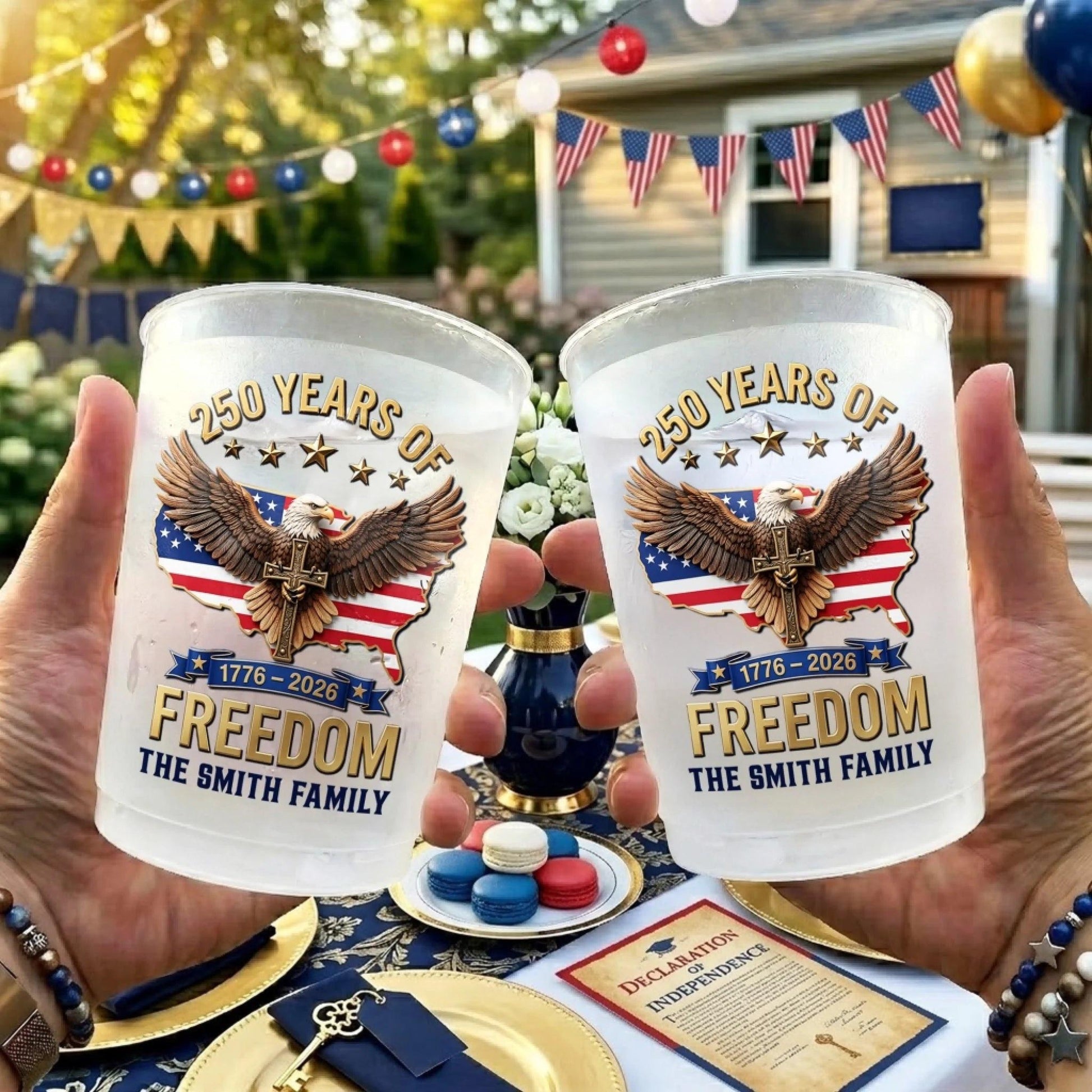 Custom 250th Anniversary Plastic Cups, Personalized 4th of July Party Cups, USA Freedom Family Name Cups, Independence Day Party Decor