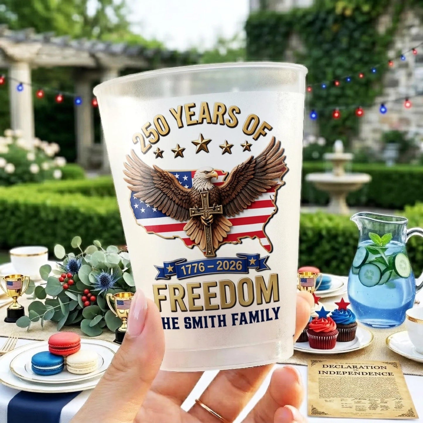 Custom 250th Anniversary Plastic Cups, Personalized 4th of July Party Cups, USA Freedom Family Name Cups, Independence Day Party Decor