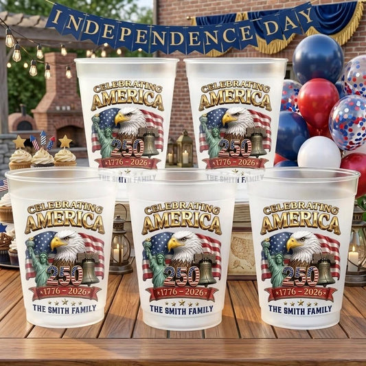 Custom 250th Anniversary Plastic Cups, Personalized 4th of July Party Cups, Patriotic USA Family Name Cups, Independence Day Decor