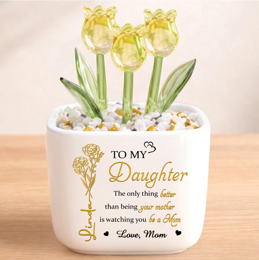 Custom Glass Tulip Gift Personalized Flower Pot for Mom Daughter, Everlasting Tulips Mother's Day Birthday Gift, Forever Love Decor
