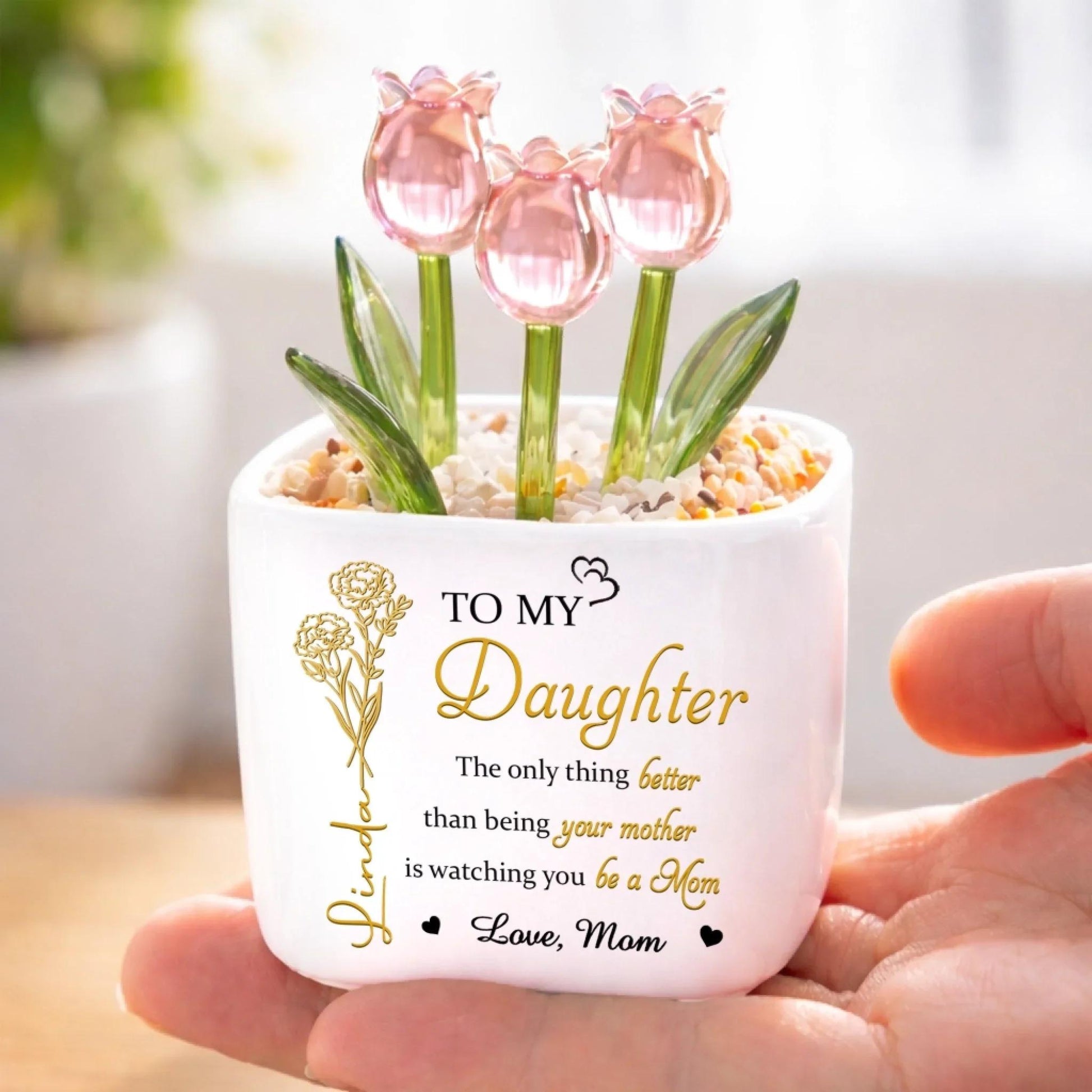 Custom Glass Tulip Gift Personalized Flower Pot for Mom Daughter, Everlasting Tulips Mother's Day Birthday Gift, Forever Love Decor