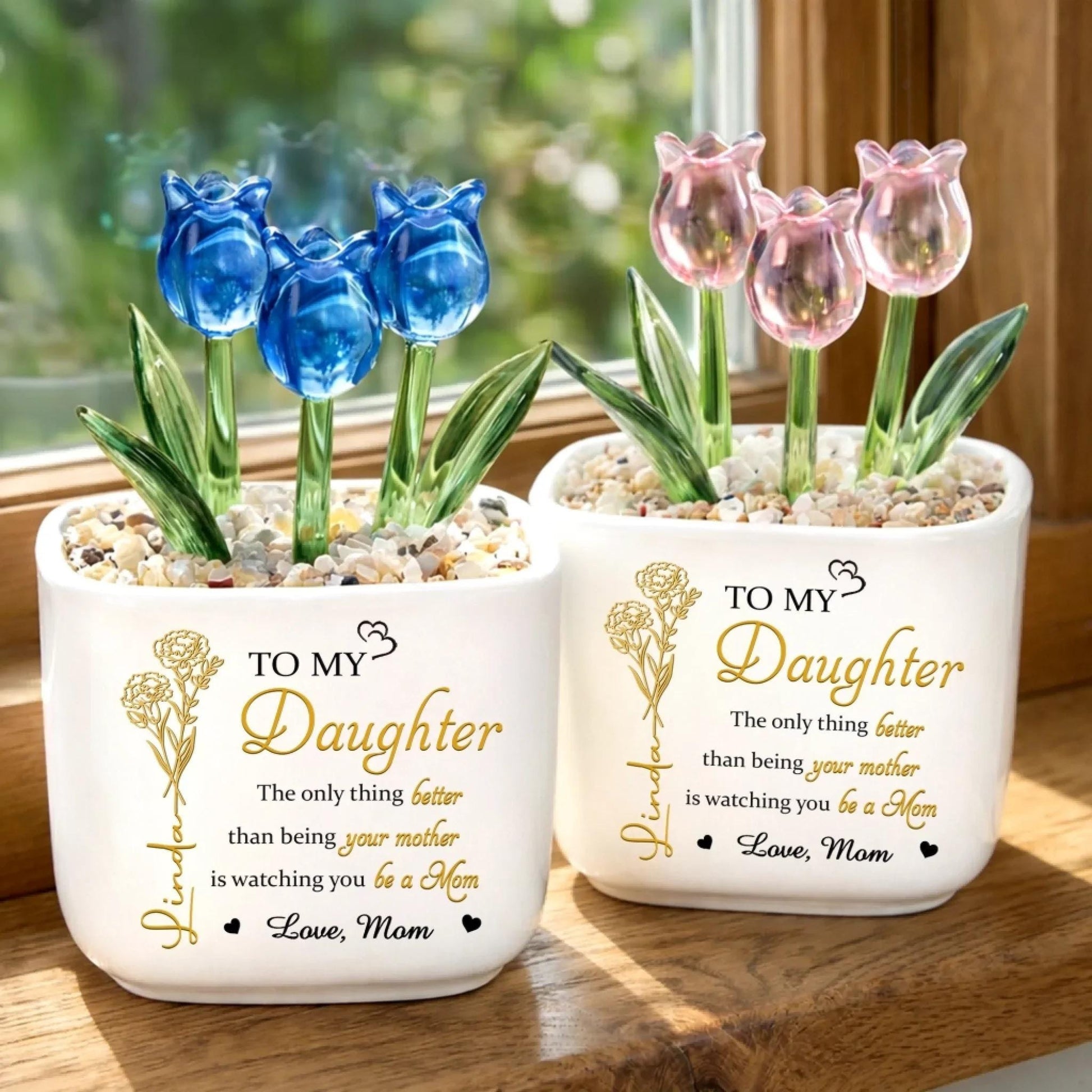 Custom Glass Tulip Gift Personalized Flower Pot for Mom Daughter, Everlasting Tulips Mother's Day Birthday Gift, Forever Love Decor