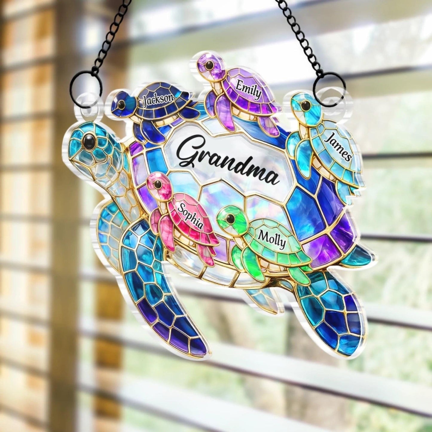 Personalized Turtle Suncatcher, Grandma Gift with Grandkids Names, Custom Window Hanging Ornament, Mothers Day Gift for Mom