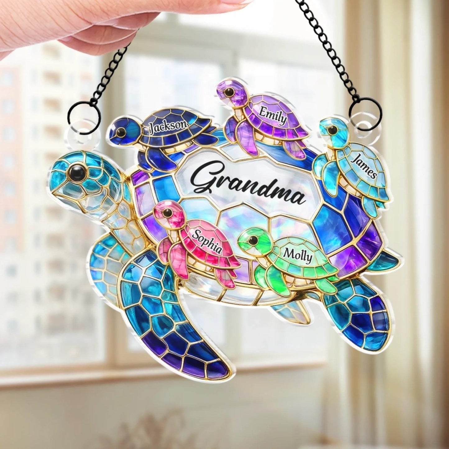Personalized Turtle Suncatcher, Grandma Gift with Grandkids Names, Custom Window Hanging Ornament, Mothers Day Gift for Mom