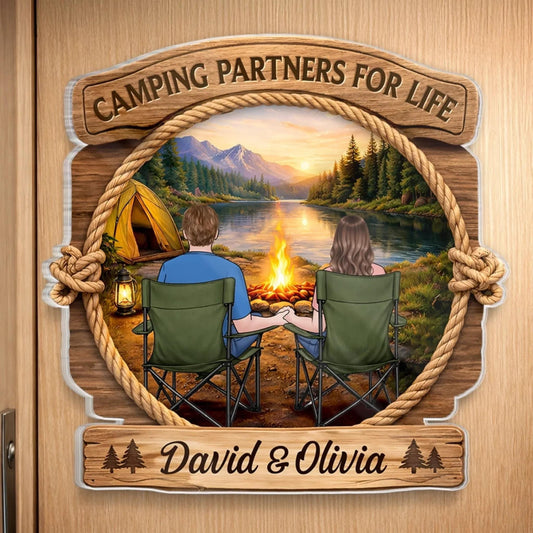 Custom Camping Couple Door Magnet, Personalized Anniversary Gift for Husband Wife, Camper RV Decor, Camping Partners For Life Sign