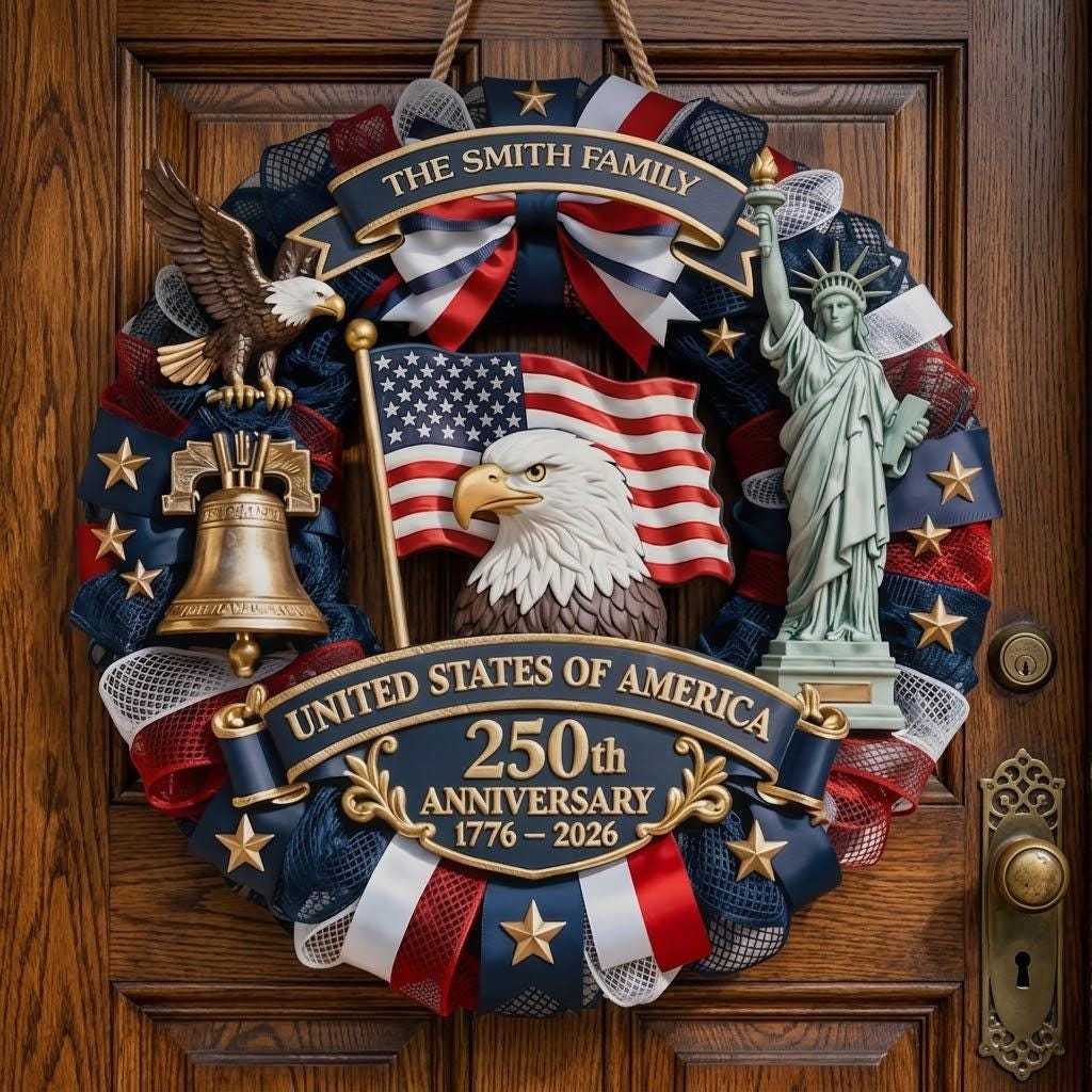 Personalized USA 250th Anniversary Wreath 1776–2026, Patriotic Door Sign, Custom Family Name Eagle Liberty Decor
