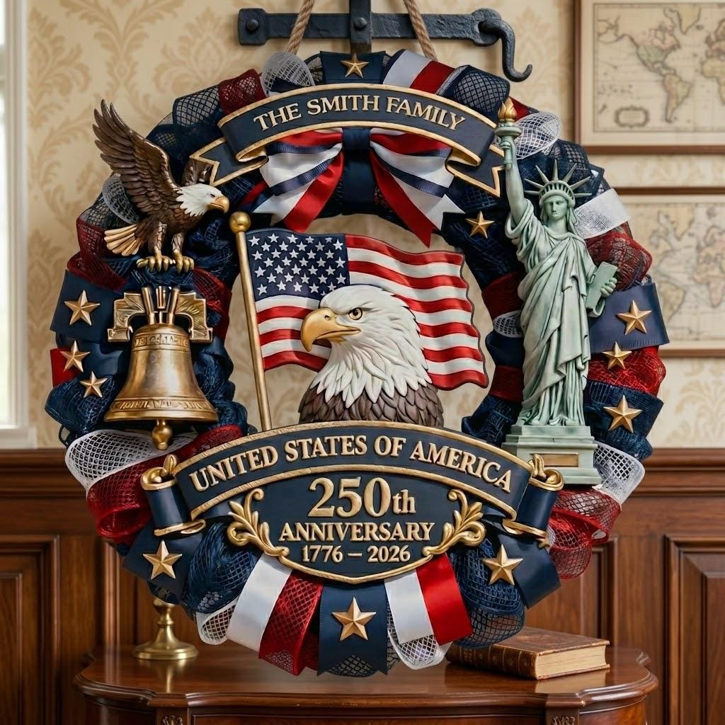 Personalized USA 250th Anniversary Wreath 1776–2026, Patriotic Door Sign, Custom Family Name Eagle Liberty Decor
