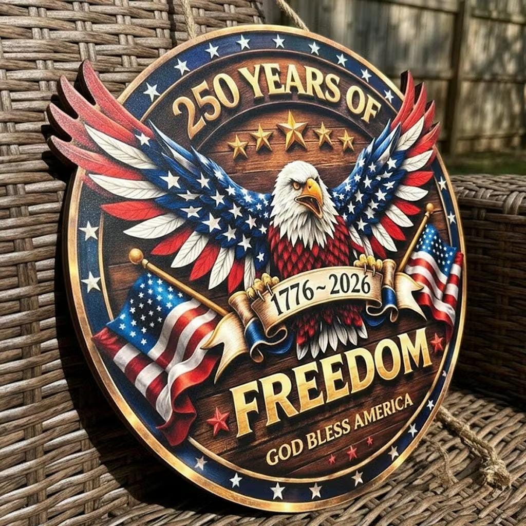 Custom Wood Sign Personalized America 250 Years Anniversary 1776-2026, Patriotic Eagle Door Sign, 4th of July Decor, Family Name Gift