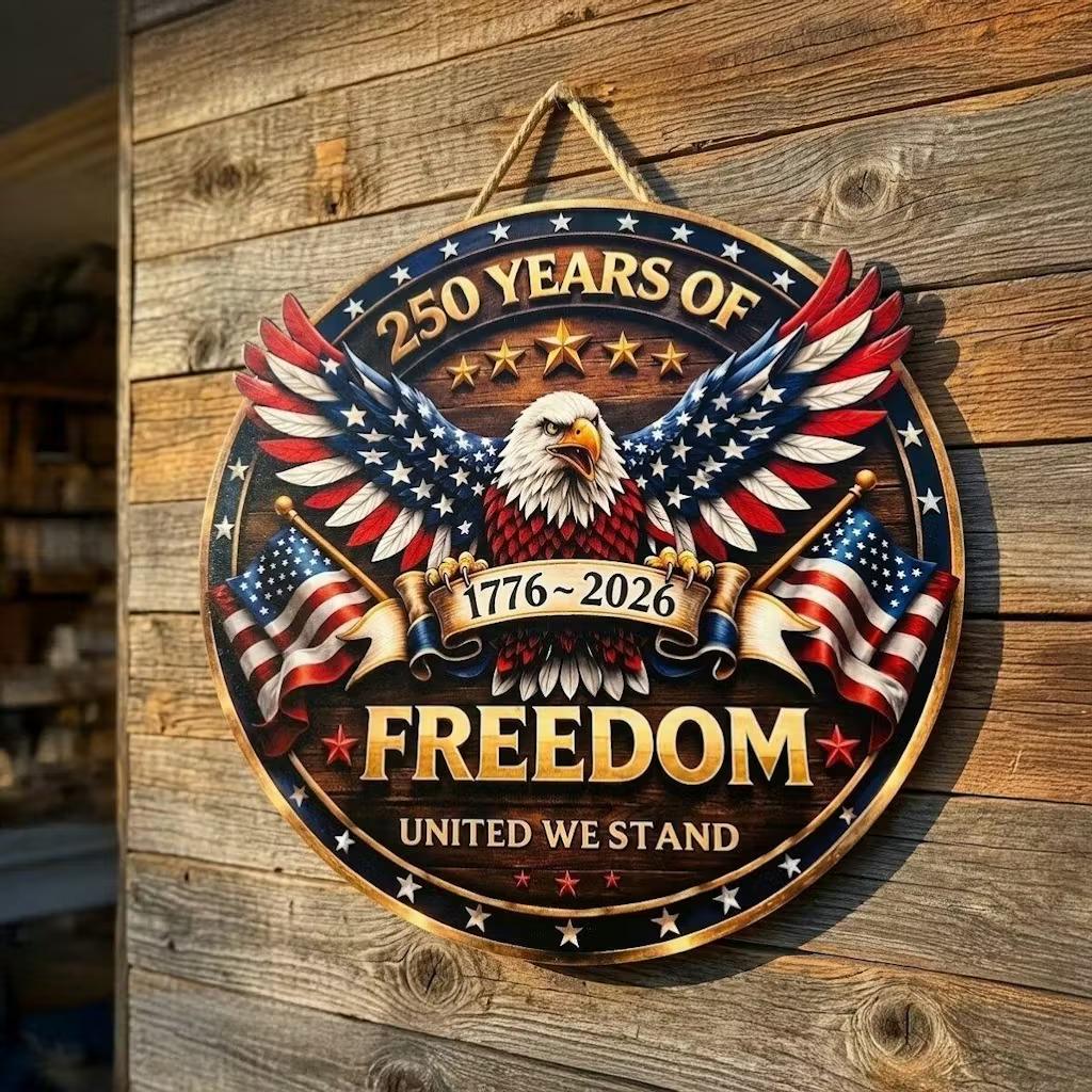 Custom Wood Sign Personalized America 250 Years Anniversary 1776-2026, Patriotic Eagle Door Sign, 4th of July Decor, Family Name Gift