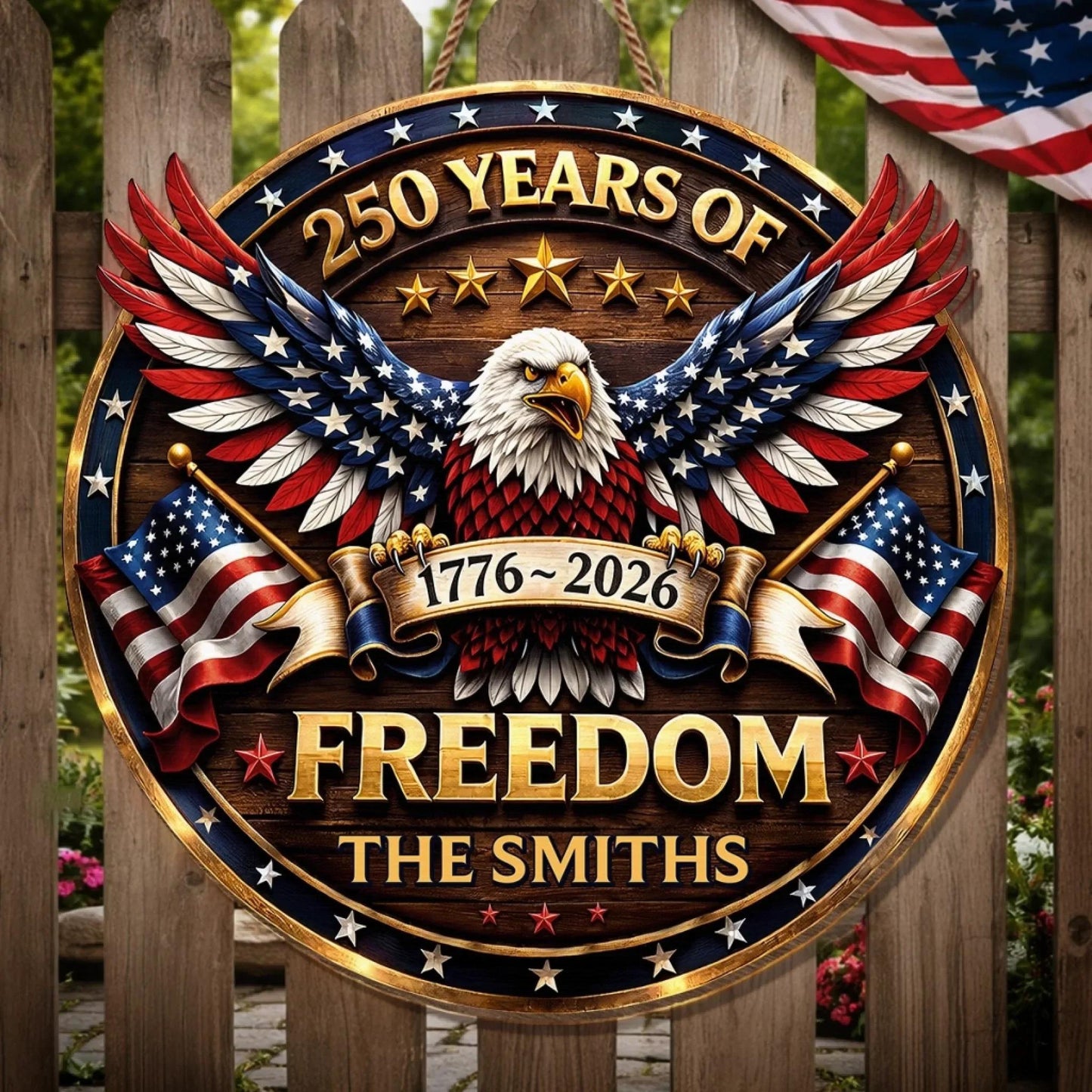 Custom Wood Sign Personalized America 250 Years Anniversary 1776-2026, Patriotic Eagle Door Sign, 4th of July Decor, Family Name Gift
