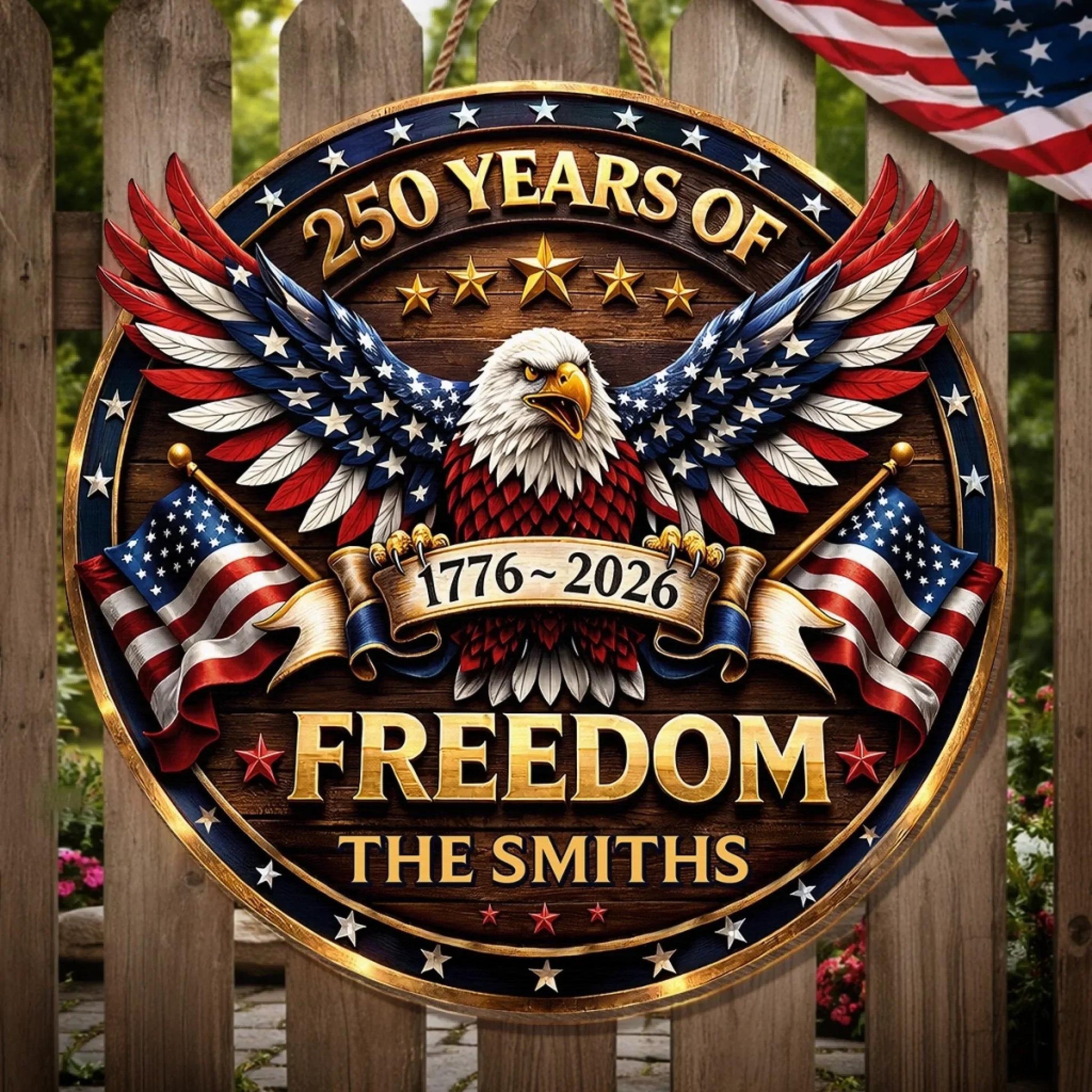 Custom Wood Sign Personalized America 250 Years Anniversary 1776-2026, Patriotic Eagle Door Sign, 4th of July Decor, Family Name Gift