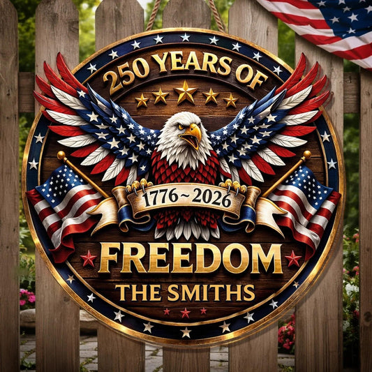 Custom Wood Sign Personalized America 250 Years Anniversary 1776-2026, Patriotic Eagle Door Sign, 4th of July Decor, Family Name Gift