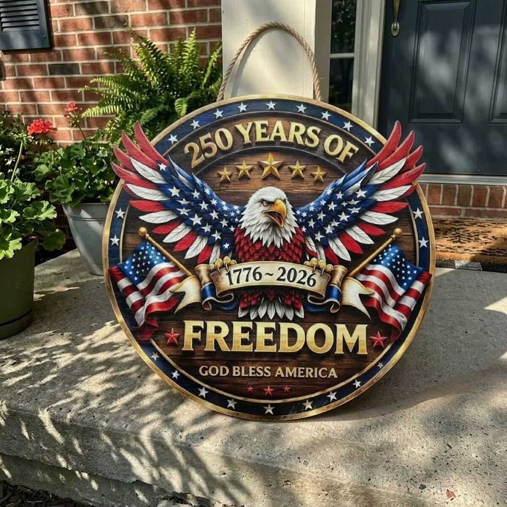 Custom Wood Sign Personalized America 250 Years Anniversary 1776-2026, Patriotic Eagle Door Sign, 4th of July Decor, Family Name Gift