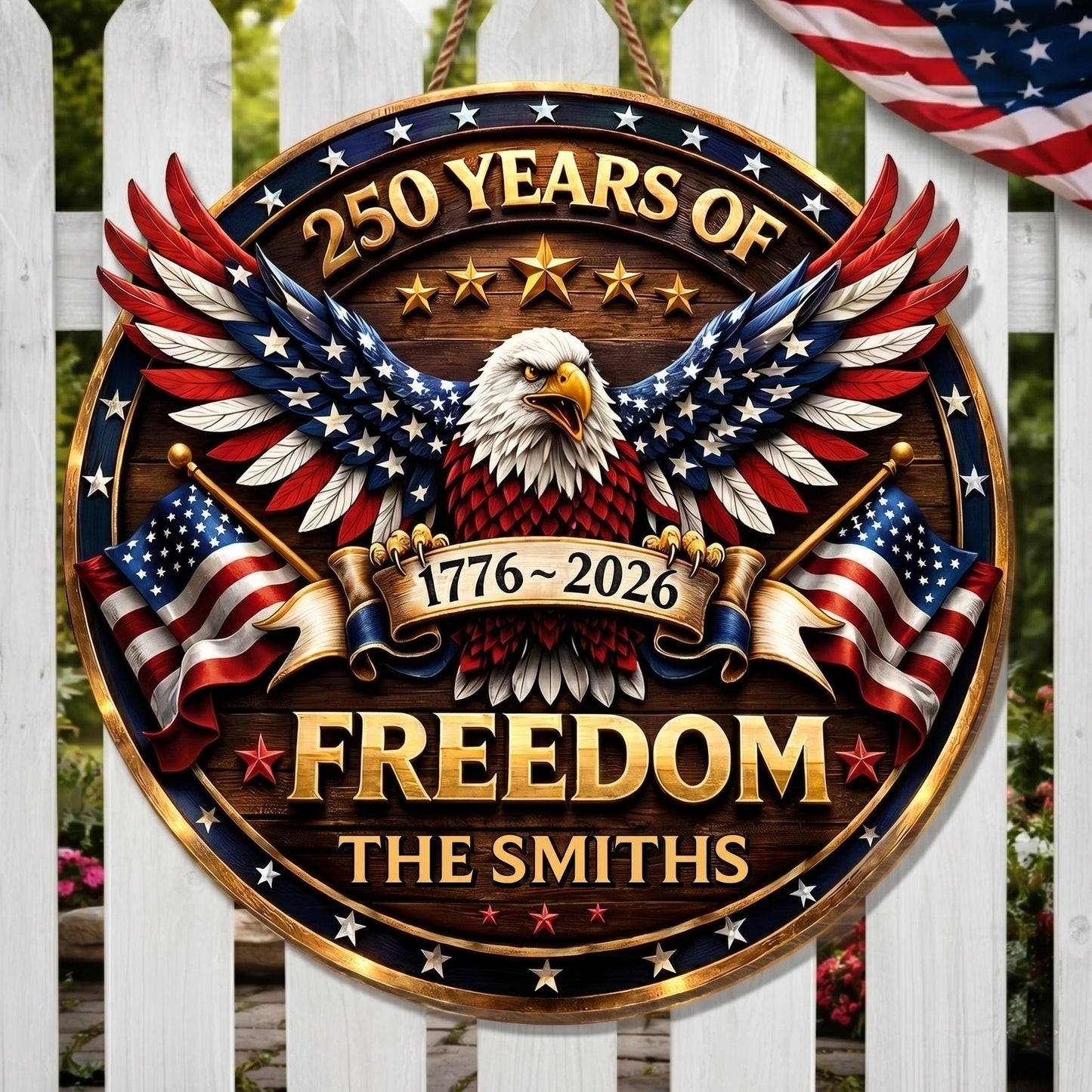 Custom Wood Sign Personalized America 250 Years Anniversary 1776-2026, Patriotic Eagle Door Sign, 4th of July Decor, Family Name Gift