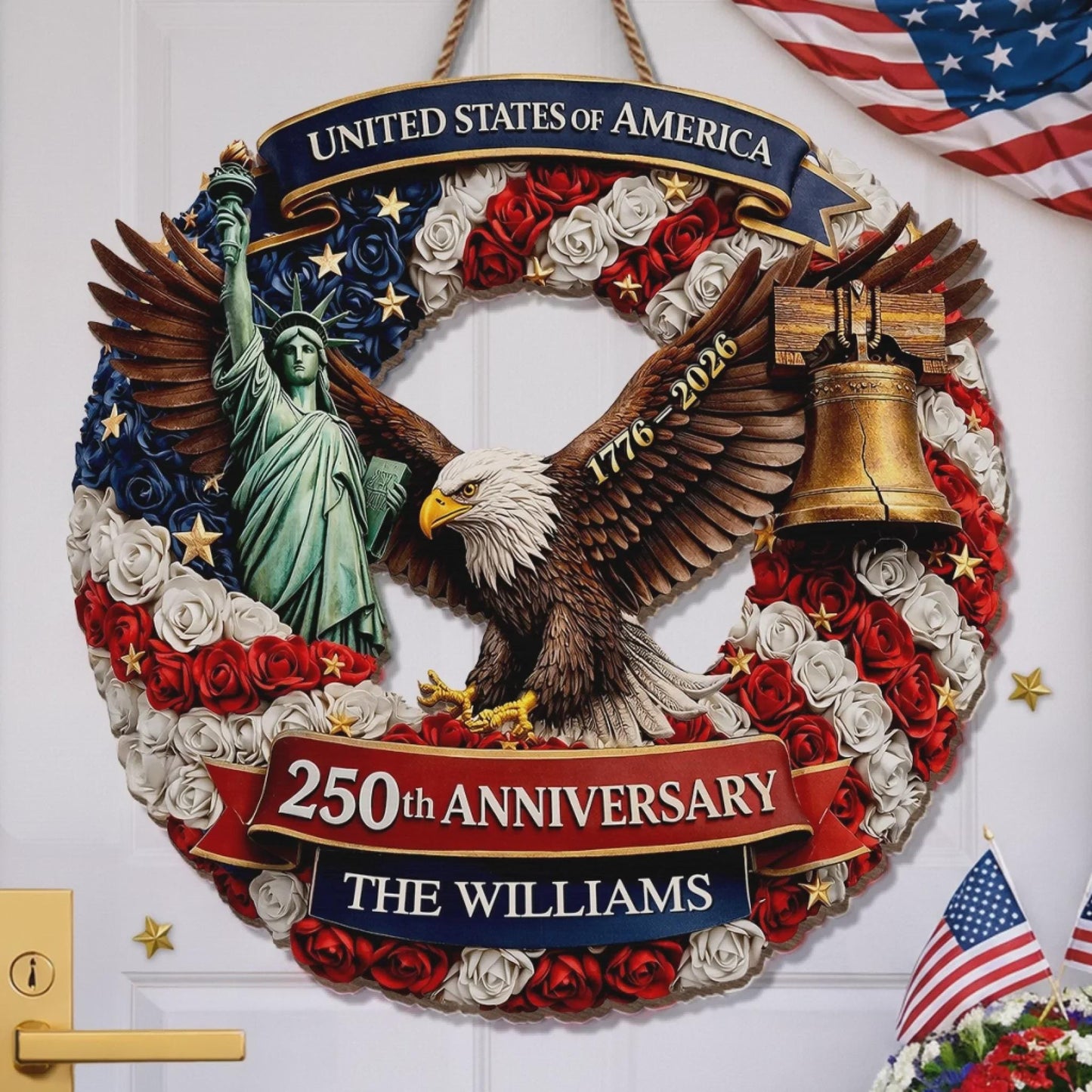 Custom Wood Sign Personalized Family Name – America 250th Anniversary 1776-2026 Proud Of Our Shared Story Patriotic Decor