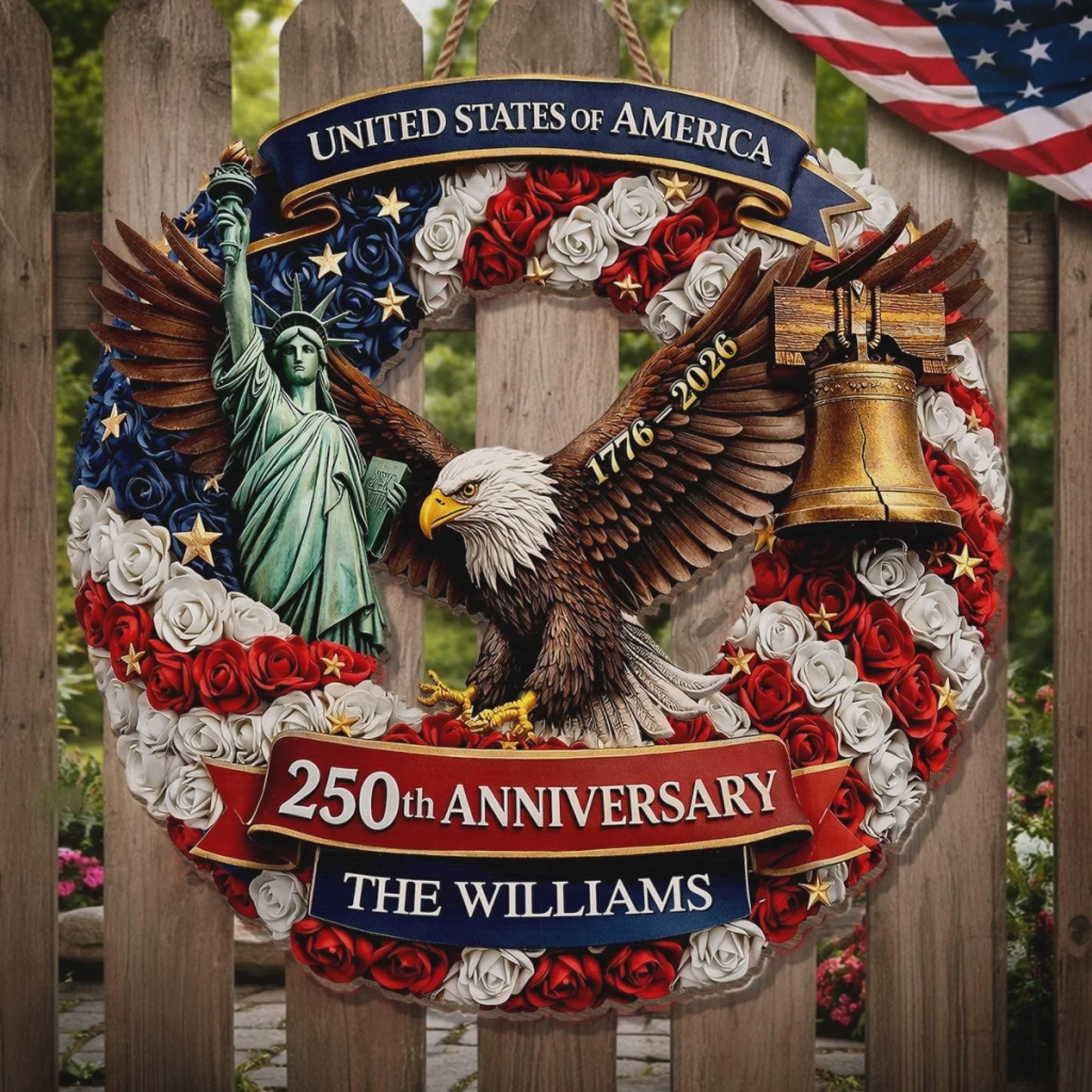 Custom Wood Sign Personalized Family Name – America 250th Anniversary 1776-2026 Proud Of Our Shared Story Patriotic Decor