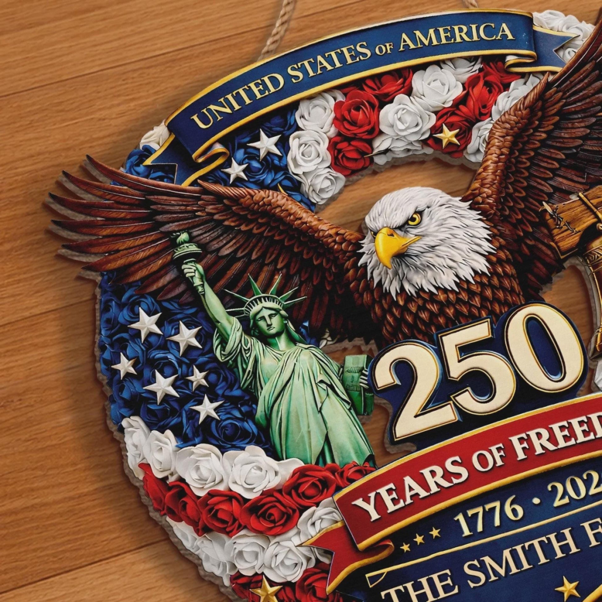 Custom Wood Sign Personalized Family Name – America 250th Anniversary 1776-2026 Proud Hearts Rise Together Patriotic Decor