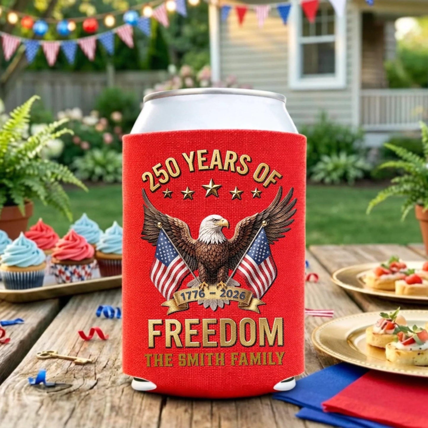 Personalized Can Cooler Sleeve 250th Anniversary USA, Custom Family Name Beer Koozie, Patriotic Freedom Gift 4th of July 2026